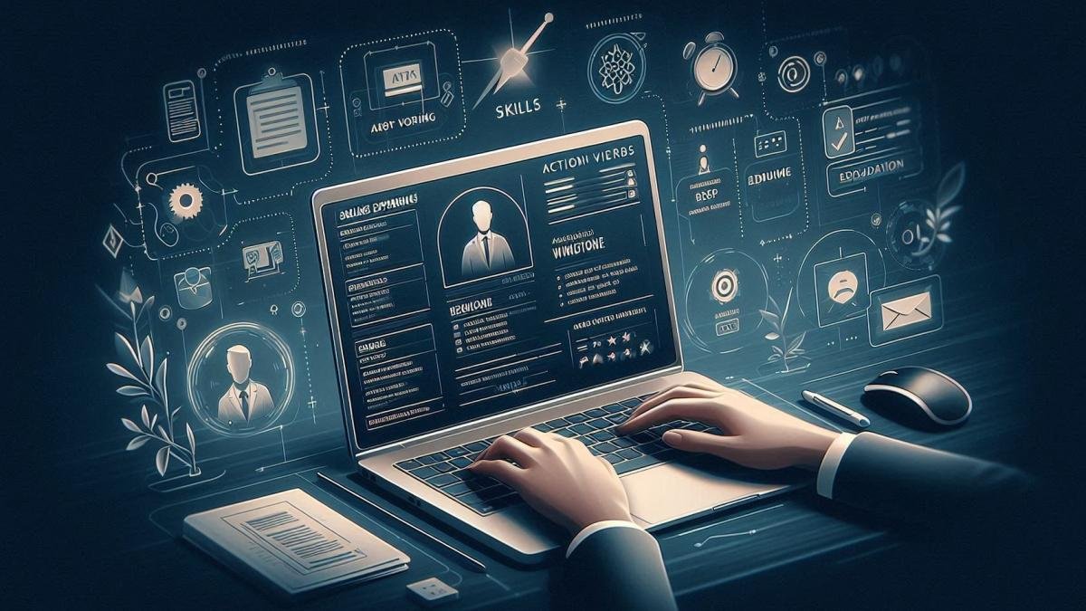 Hands typing on a laptop with futuristic digital resume and skill graphics floating above the screen.
