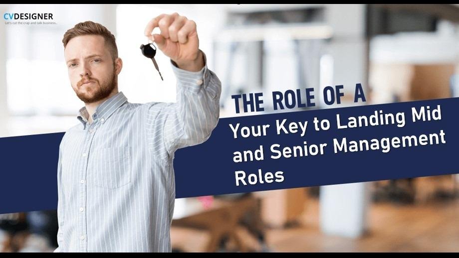 Person holding keys with text about landing mid and senior management roles.