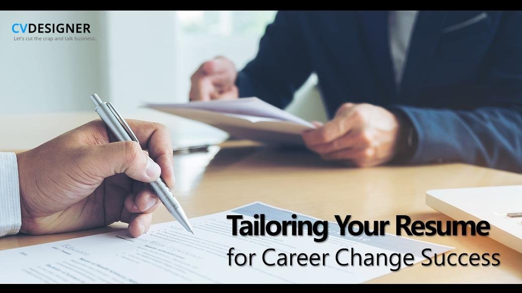 Two professionals reviewing a resume with text "Tailoring Your Resume for Career Change Success."